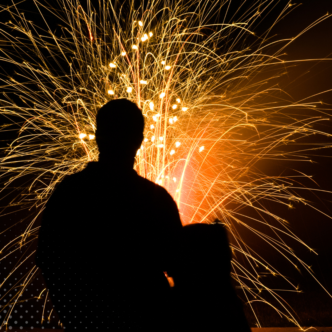 Fireworks burst in the night sky, illuminating the silhouette of a spectator
