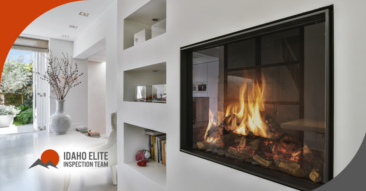 Modern fireplace in a bright, minimalist living room with open shelves.